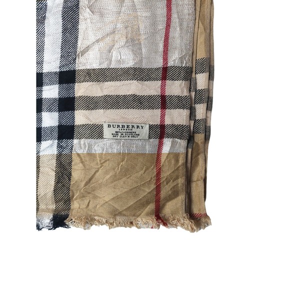 Vintage Burberry Check Gold Silver Tan Black Red 100% Cashmere Shawl Scarves - Picture 3 of 3
